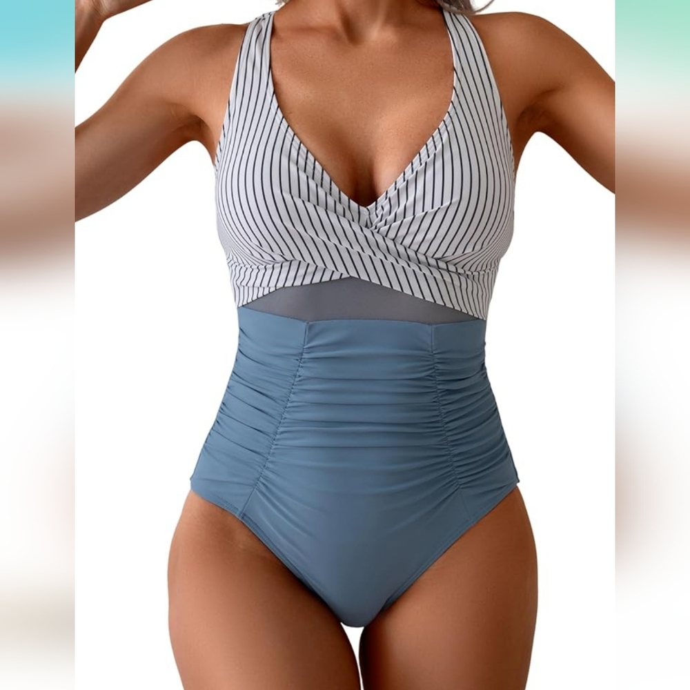 Striped V-Neck One-Piece Tie Up Swimsuit